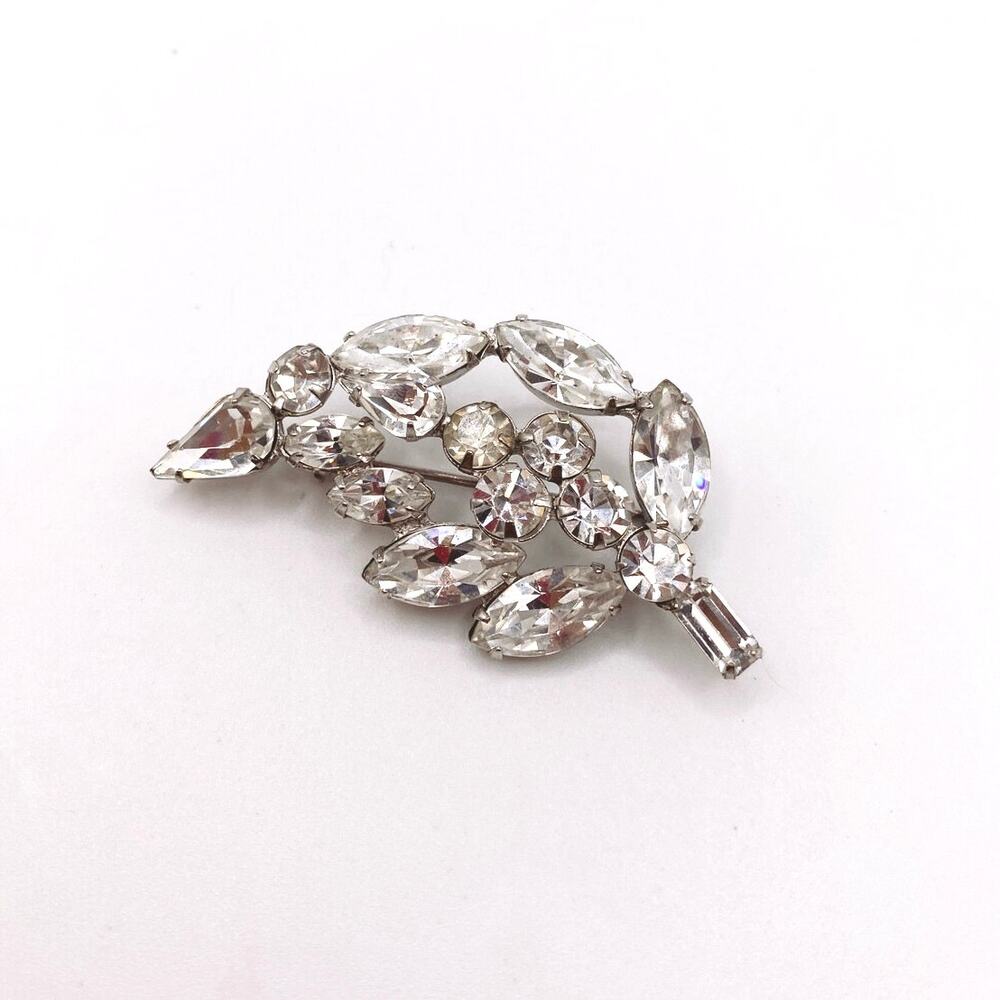 Vintage White Rhinestones Brooch Leaf Motifs